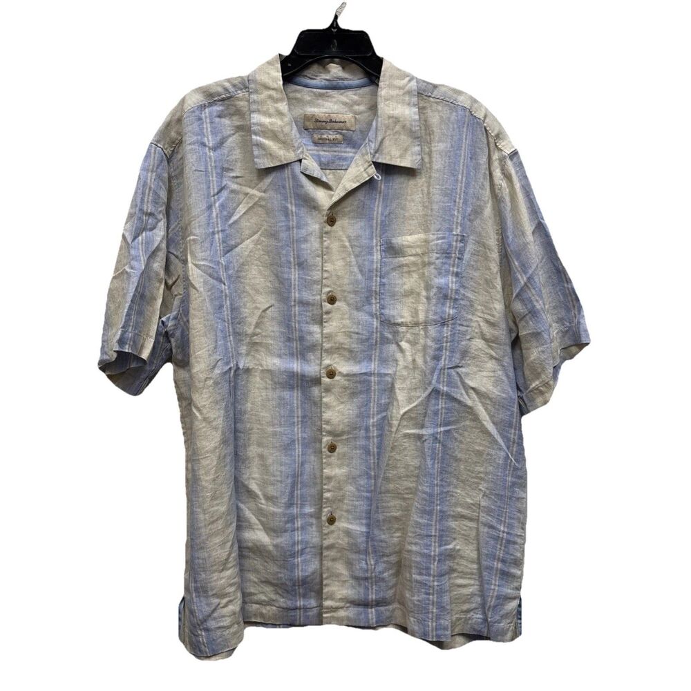 Tommy Bahama Men Linen Camp Shirt Short Sleeve Button XL Pocket Blue Resort